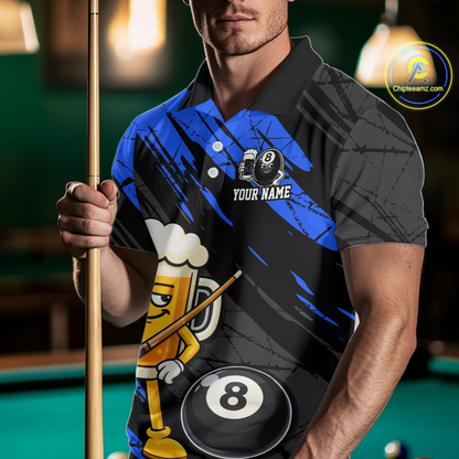 Custom Funny Blue Beer 8 Ball Pool Men Billiard Polo & 1/4 Zip, Billiard Shirt, Billiard Team Jerseys NNT146
