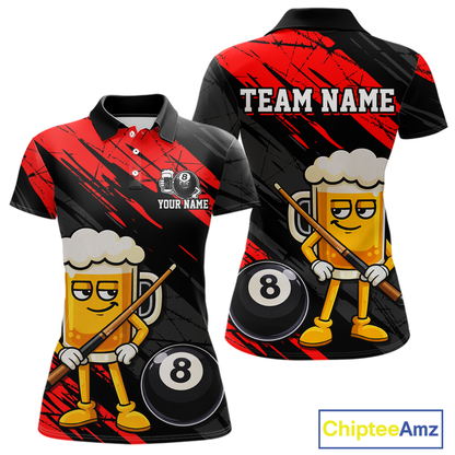 Custom Funny Red Beer 8 Ball Pool Women Billiard Polo & 1/4 Zip, Billiard Shirt, Billiard Team Jerseys NNT146
