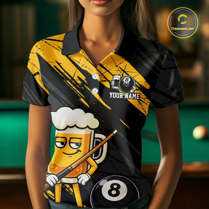 Custom Funny Yellow Beer 8 Ball Pool Women Billiard Polo & 1/4 Zip, Billiard Shirt, Billiard Team Jerseys NNT146