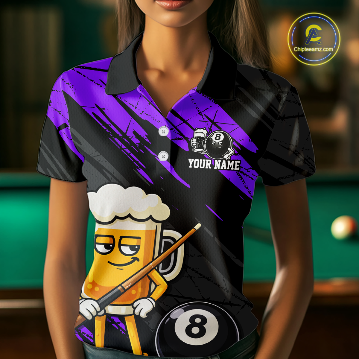 Custom Funny Purple Beer 8 Ball Pool Women Billiard Polo & 1/4 Zip, Billiard Shirt, Billiard Team Jerseys NNT146