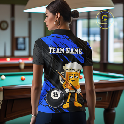 Custom Funny Blue Beer 8 Ball Pool Women Billiard Polo & 1/4 Zip, Billiard Shirt, Billiard Team Jerseys NNT146