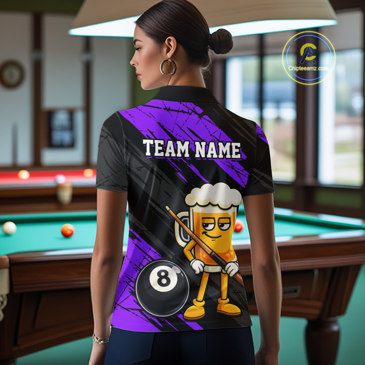 Custom Funny Purple Beer 8 Ball Pool Women Billiard Polo & 1/4 Zip, Billiard Shirt, Billiard Team Jerseys NNT146