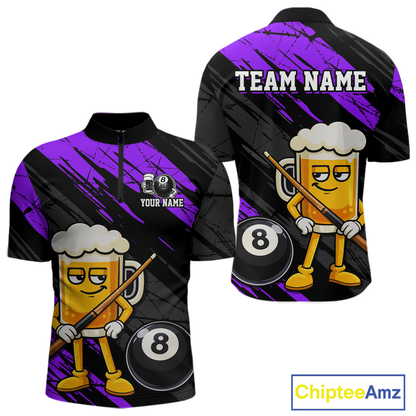Custom Funny Purple Beer 8 Ball Pool Men Billiard Polo & 1/4 Zip, Billiard Shirt, Billiard Team Jerseys NNT146
