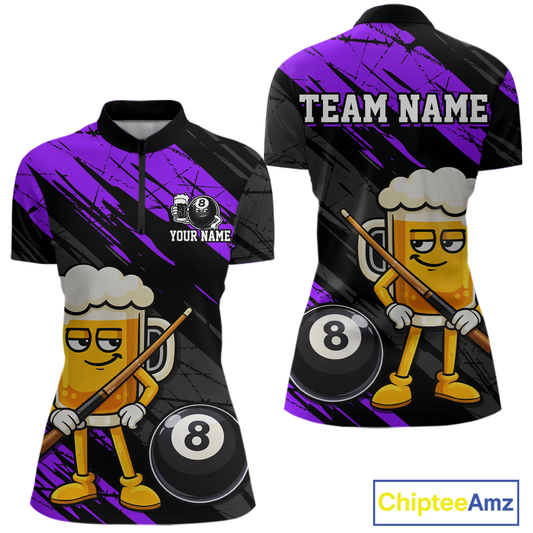 Custom Funny Purple Beer 8 Ball Pool Women Billiard Polo & 1/4 Zip, Billiard Shirt, Billiard Team Jerseys NNT146