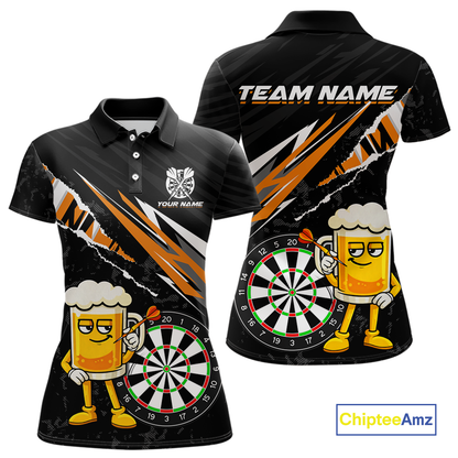 Custom Orange Funny Beer Dart Shirts for Women Darts Team Jerseys Dart Tournament Polo & 1/4 Zip NNT139