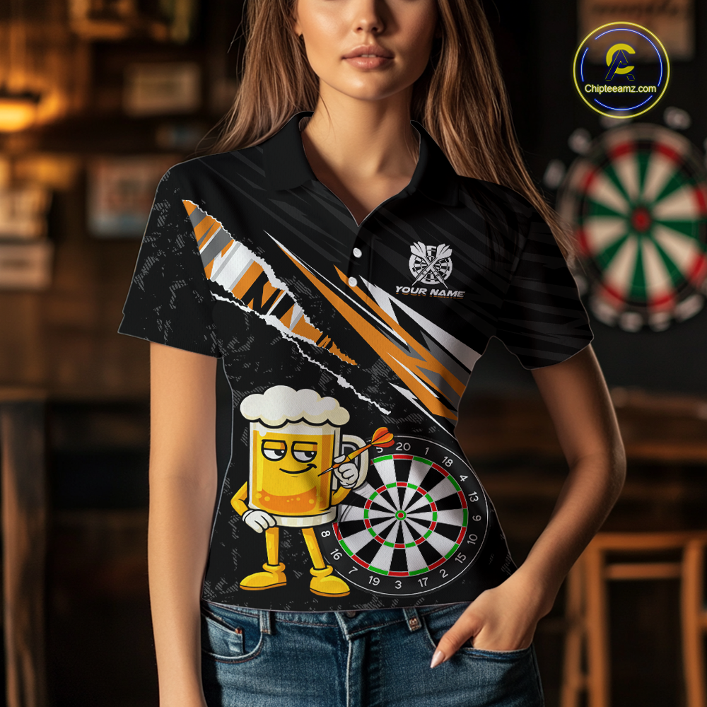 Custom Orange Funny Beer Dart Shirts for Women Darts Team Jerseys Dart Tournament Polo & 1/4 Zip NNT139