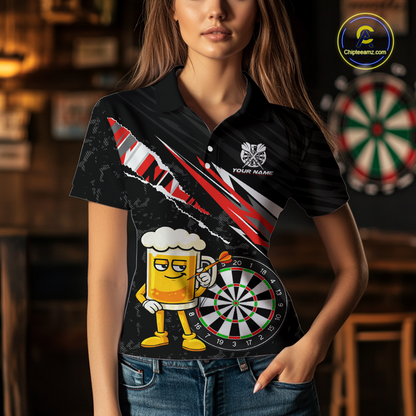 Custom Red Funny Beer Dart Shirts for Women Darts Team Jerseys Dart Tournament Polo & 1/4 Zip NNT139