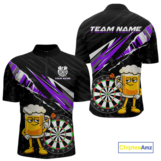 Custom Purple Funny Beer Dart Shirts for Men Darts Team Jerseys Dart Tournament Polo & 1/4 Zip NNT139