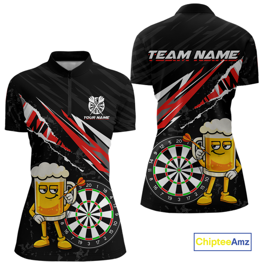 Custom Red Funny Beer Dart Shirts for Women Darts Team Jerseys Dart Tournament Polo & 1/4 Zip NNT139