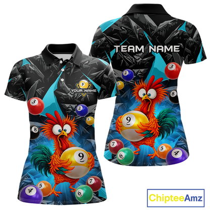 Custom Funny Turquoise Chicken 9 Ball Pool Billiard Shirt for Women Polo & 1/4 Zip, Billiard Team Jerseys NNT157