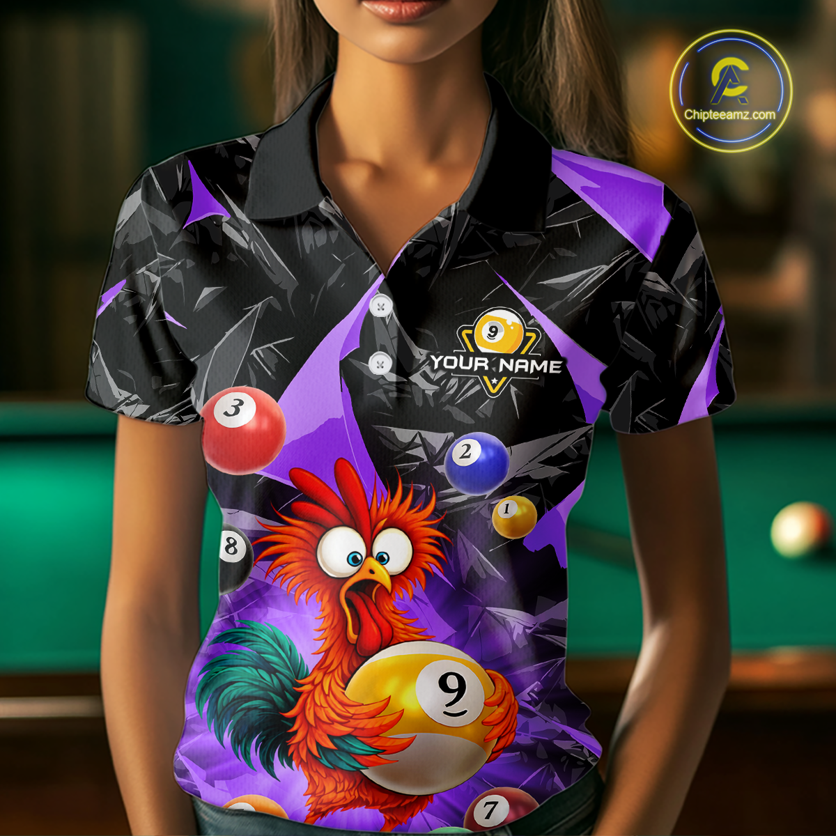 Custom Funny Purple Chicken 9 Ball Pool Billiard Shirt for Women Polo & 1/4 Zip, Billiard Team Jerseys NNT157
