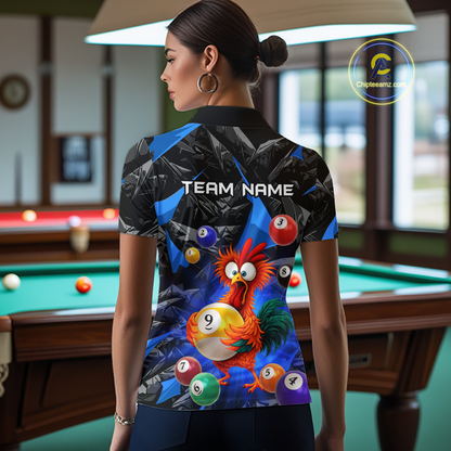 Custom Funny Blue Chicken 9 Ball Pool Billiard Shirt for Women Polo & 1/4 Zip, Billiard Team Jerseys NNT157