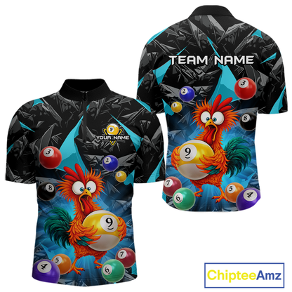 Custom Funny Turquoise Chicken 9 Ball Pool Billiard Shirt for Men Polo & 1/4 Zip, Billiard Team Jerseys NNT157