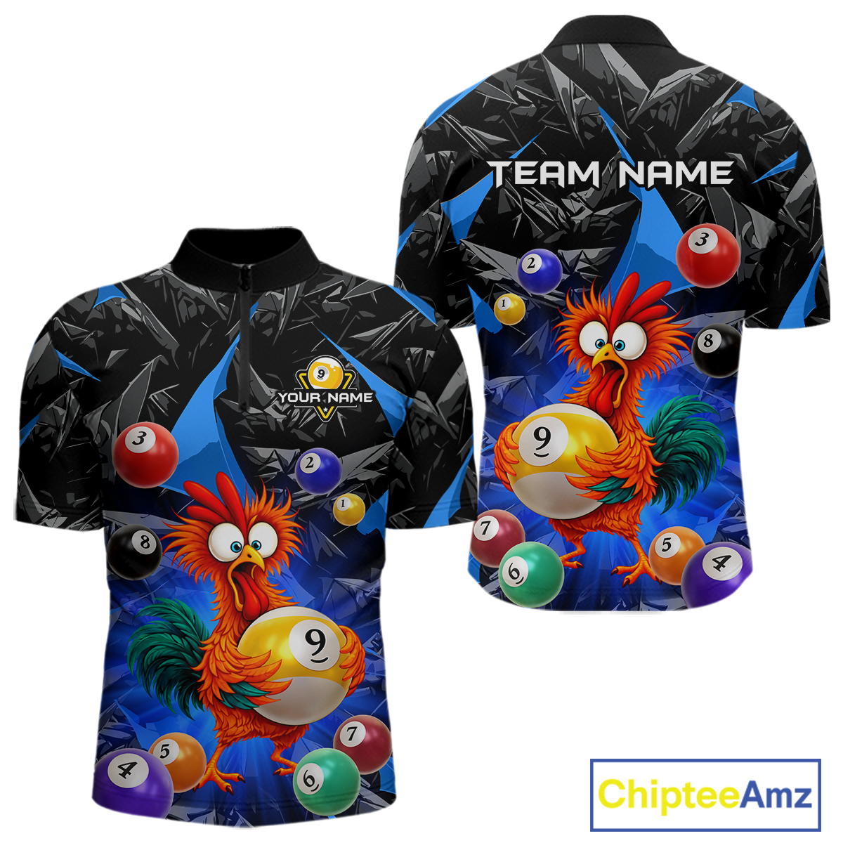 Custom Funny Blue Chicken 9 Ball Pool Billiard Shirt for Men Polo & 1/4 Zip, Billiard Team Jerseys NNT157