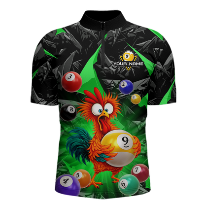 Custom Funny Green Chicken 9 Ball Pool Billiard Shirt for Men Polo & 1/4 Zip, Billiard Team Jerseys NNT157