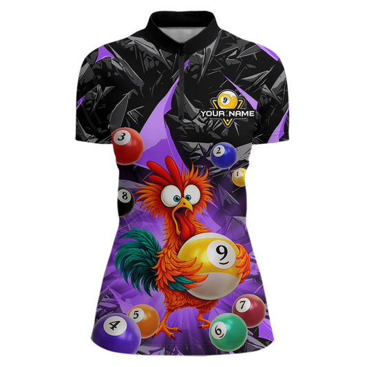 Custom Funny Purple Chicken 9 Ball Pool Billiard Shirt for Women Polo & 1/4 Zip, Billiard Team Jerseys NNT157