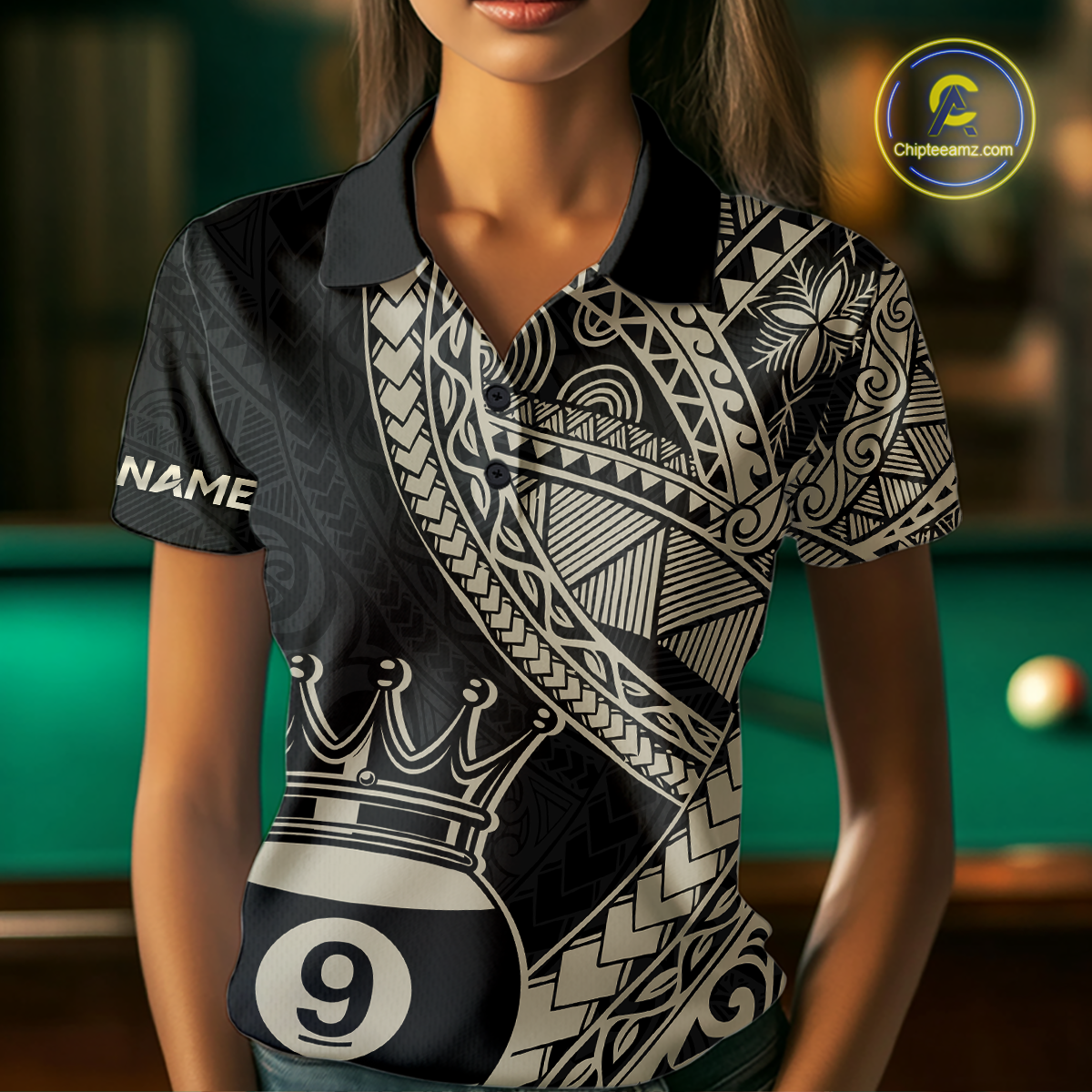 Custom Black and Gold Tribal 9 Ball Pool Billiard Shirt for Women Billiard League  Polo & 1/4 Zip NNT155