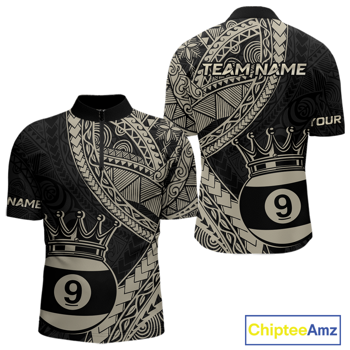 Custom Black and Gold Tribal 9 Ball Pool Billiard Shirt for Men Billiard League  Polo & 1/4 Zip NNT155
