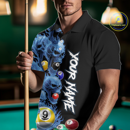 Custom Blue Flame Skull 9 Ball Pool Billiard Shirt for Men Polo & 1/4 Zip, Billiard Team Jerseys NNT159