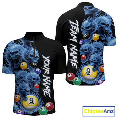 Custom Blue Flame Skull 9 Ball Pool Billiard Shirt for Men Polo & 1/4 Zip, Billiard Team Jerseys NNT159