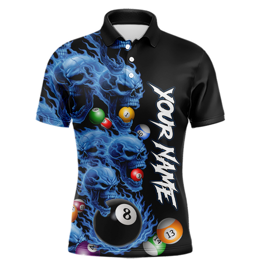 Custom Blue Flame Skull 8 Ball Pool Billiard Shirt for Men Polo & 1/4 Zip, Billiard Team Jerseys NNT160