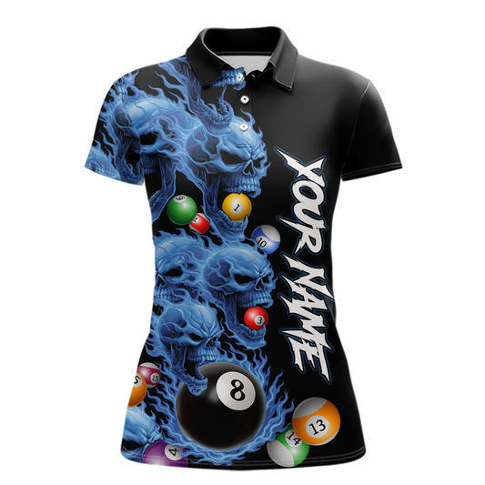 Custom Blue Flame Skull 8 Ball Pool Billiard Shirt for Women Polo & 1/4 Zip, Billiard Team Jerseys NNT160