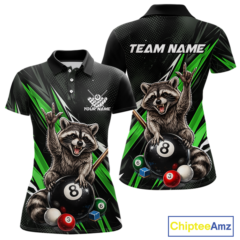Custom Green Funny Raccoon 8 Ball Billiard Shirt for Women Billiard Team Jersey Billiard League NNT191