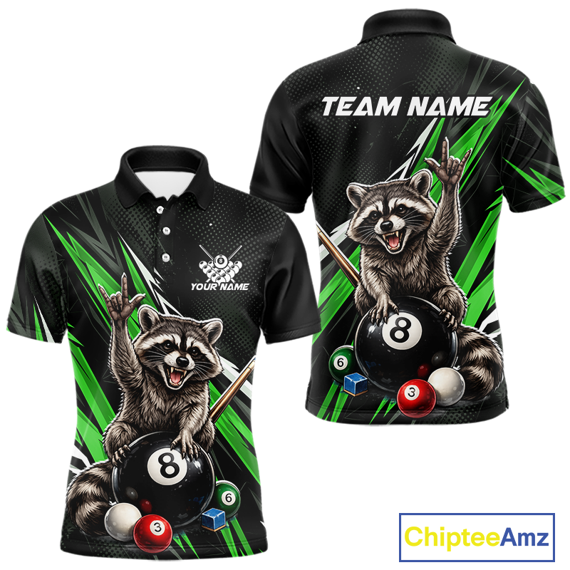 Custom Green Funny Raccoon 8 Ball Billiard Shirt for Men Billiard Team Jersey Billiard League NNT191