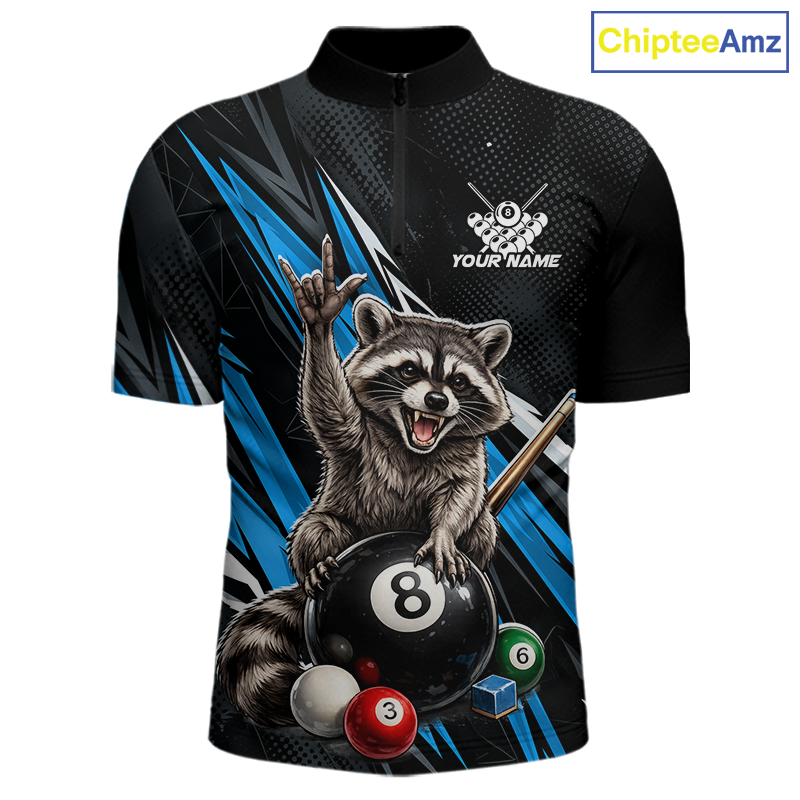 Custom Blue Funny Raccoon 8 Ball Billiard Shirt for Men Billiard Team Jersey Billiard League NNT191