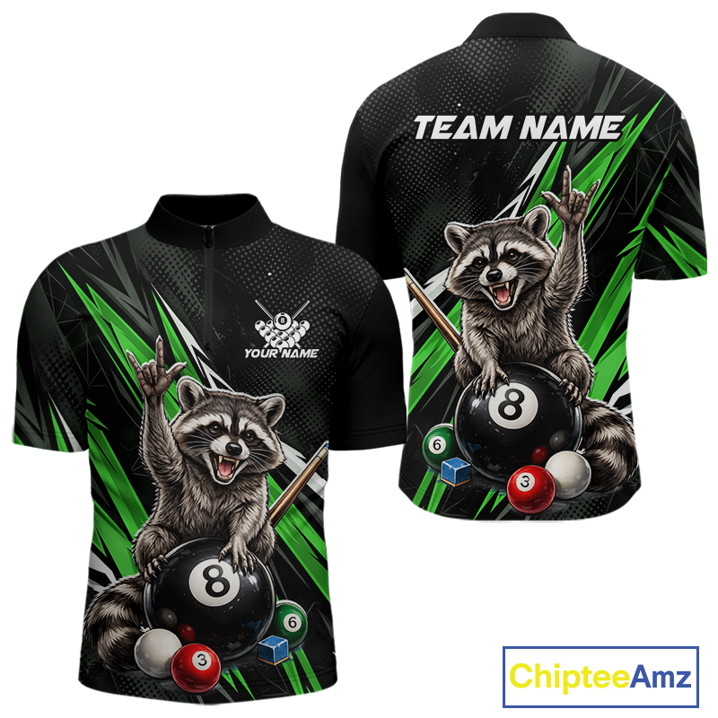 Custom Green Funny Raccoon 8 Ball Billiard Shirt for Men Billiard Team Jersey Billiard League NNT191