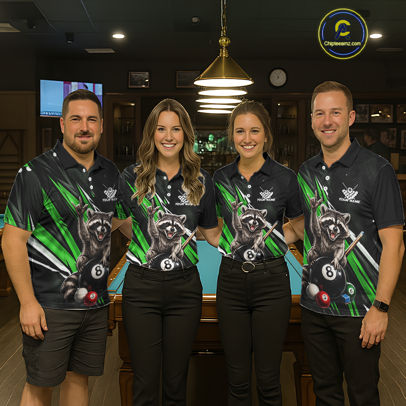 Custom Green Funny Raccoon 8 Ball Billiard Shirt for Women Billiard Team Jersey Billiard League NNT191