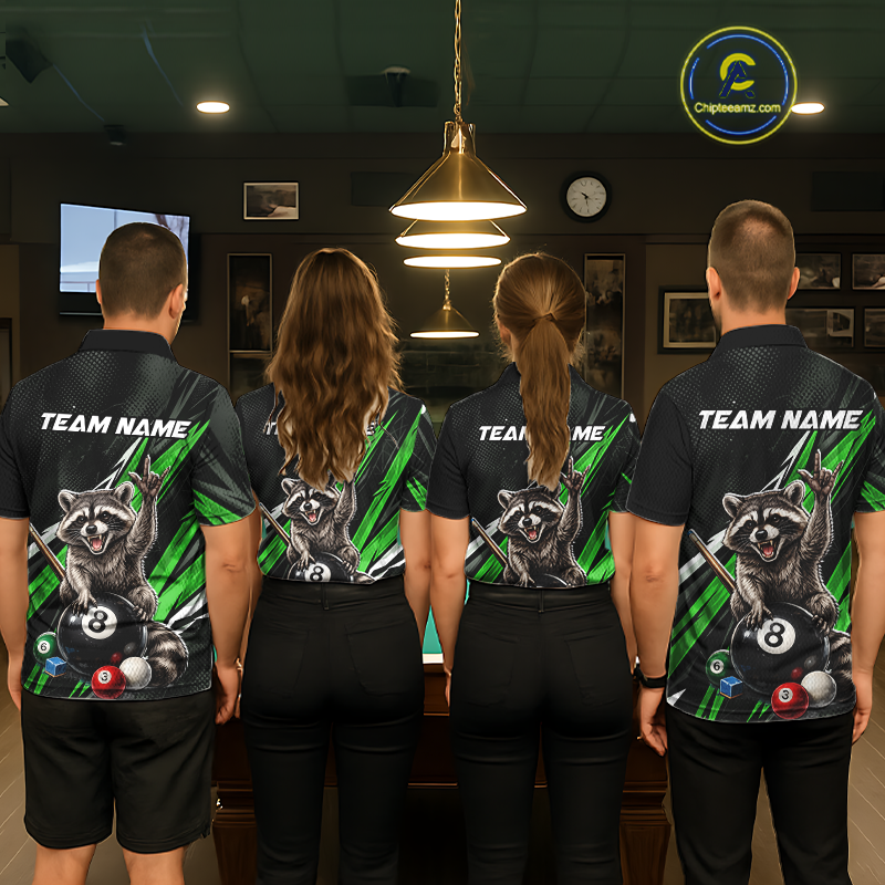 Custom Green Funny Raccoon 8 Ball Billiard Shirt for Women Billiard Team Jersey Billiard League NNT191