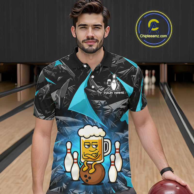 Custom Turquoise Funny Beer Bowling Jersey for Men Bowling Team Shirts Polo & 1/4 Zip HNT503