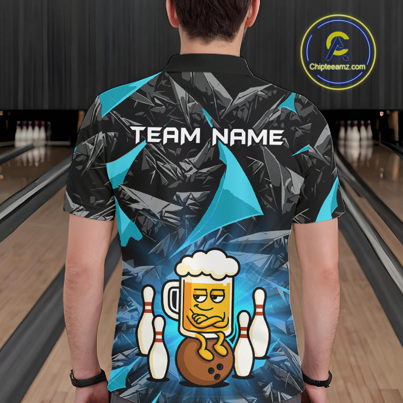 Custom Turquoise Funny Beer Bowling Jersey for Men Bowling Team Shirts Polo & 1/4 Zip HNT503