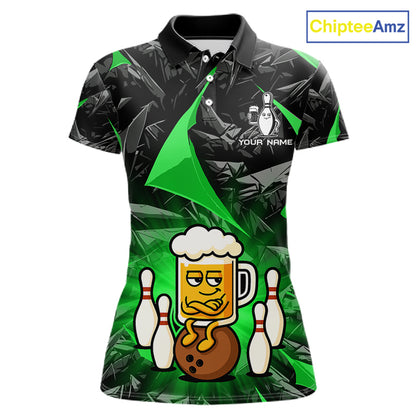 Custom Green Funny Beer Bowling Jersey for Women Bowling Team Shirts Polo & 1/4 Zip HNT503