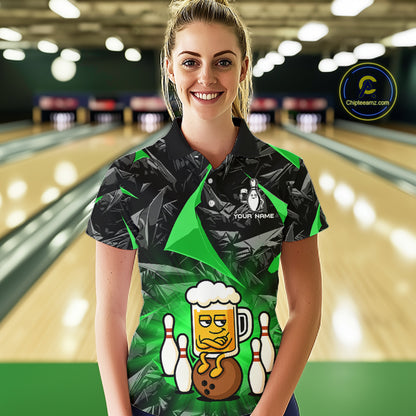 Custom Green Funny Beer Bowling Jersey for Women Bowling Team Shirts Polo & 1/4 Zip HNT503
