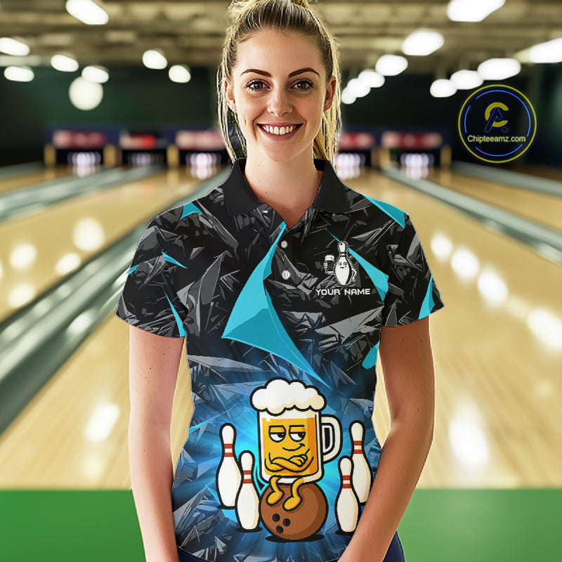 Custom Turquoise Funny Beer Bowling Jersey for Women Bowling Team Shirts Polo & 1/4 Zip HNT503