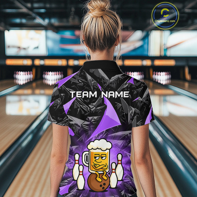 Custom Purple Funny Beer Bowling Jersey for Women Bowling Team Shirts Polo & 1/4 Zip HNT503