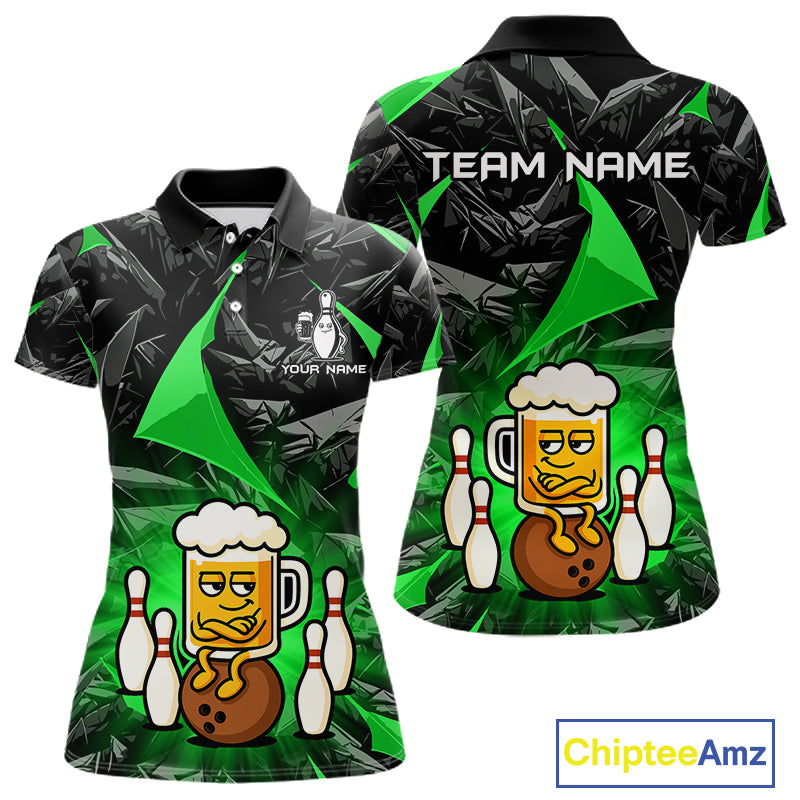 Custom Green Funny Beer Bowling Jersey for Women Bowling Team Shirts Polo & 1/4 Zip HNT503