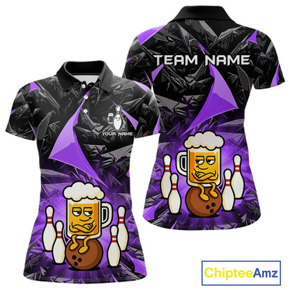 Custom Purple Funny Beer Bowling Jersey for Women Bowling Team Shirts Polo & 1/4 Zip HNT503