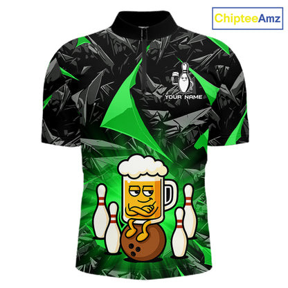 Custom Green Funny Beer Bowling Jersey for Men Bowling Team Shirts Polo & 1/4 Zip HNT503