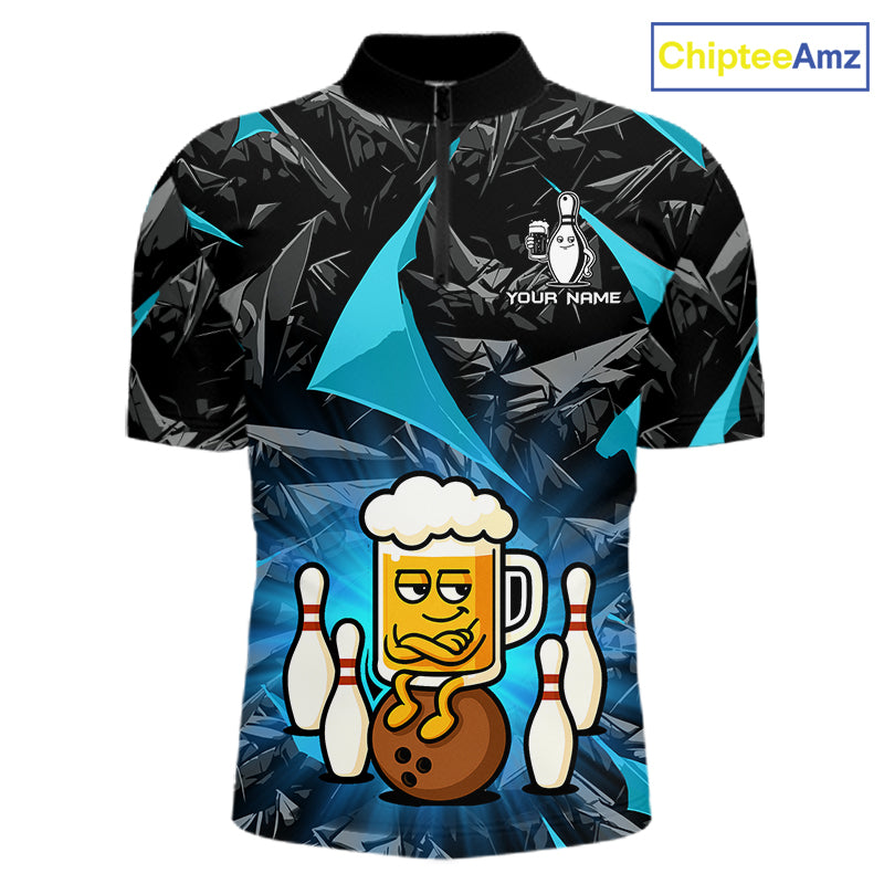Custom Turquoise Funny Beer Bowling Jersey for Men Bowling Team Shirts Polo & 1/4 Zip HNT503