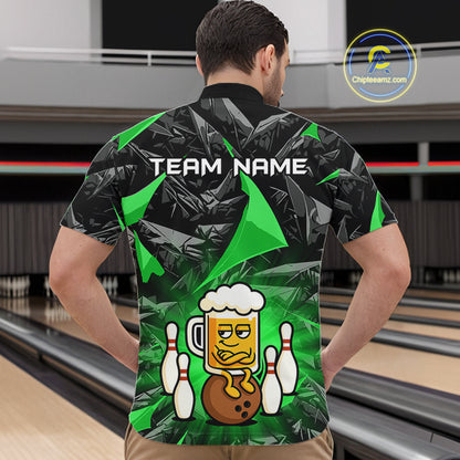 Custom Green Funny Beer Bowling Jersey for Men Bowling Team Shirts Polo & 1/4 Zip HNT503