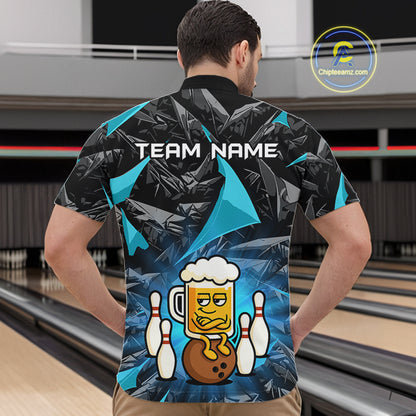 Custom Turquoise Funny Beer Bowling Jersey for Men Bowling Team Shirts Polo & 1/4 Zip HNT503