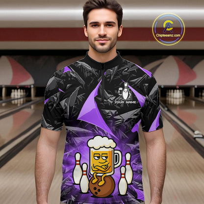 Custom Purple Funny Beer Bowling Jersey for Men Bowling Team Shirts Polo & 1/4 Zip HNT503