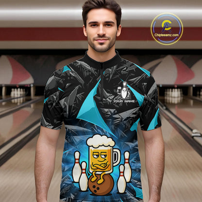 Custom Turquoise Funny Beer Bowling Jersey for Men Bowling Team Shirts Polo & 1/4 Zip HNT503