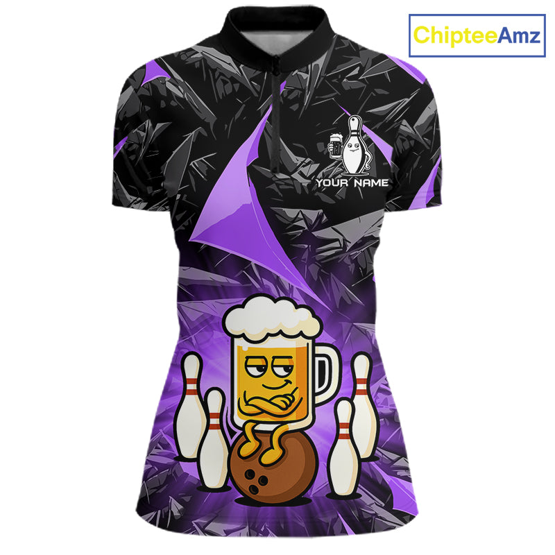 Custom Purple Funny Beer Bowling Jersey for Women Bowling Team Shirts Polo & 1/4 Zip HNT503