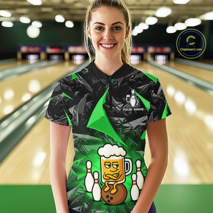 Custom Green Funny Beer Bowling Jersey for Women Bowling Team Shirts Polo & 1/4 Zip HNT503