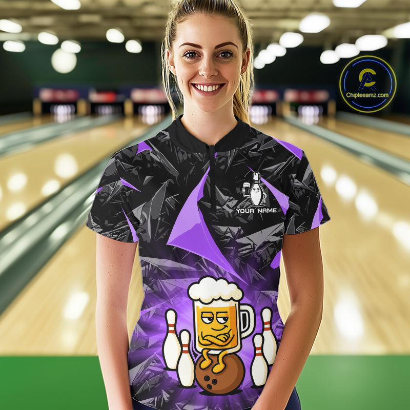 Custom Purple Funny Beer Bowling Jersey for Women Bowling Team Shirts Polo & 1/4 Zip HNT503
