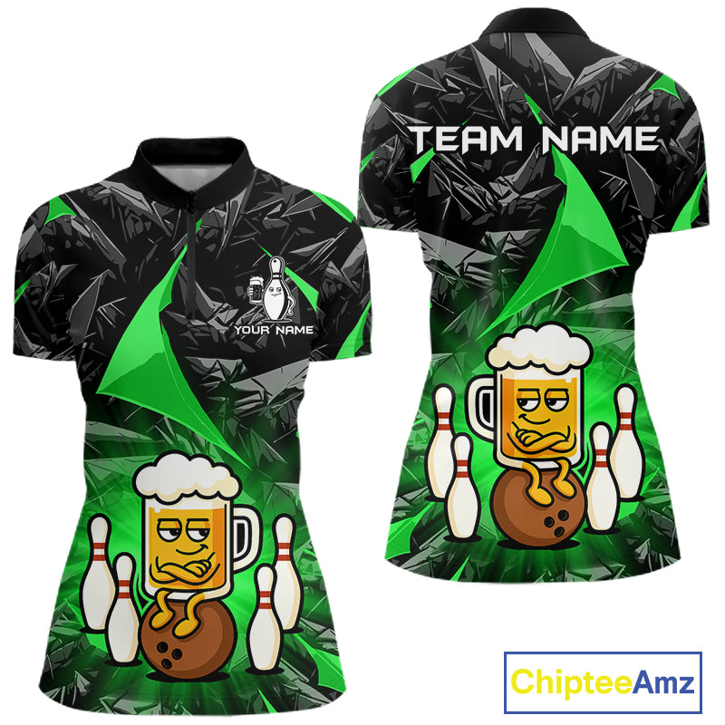 Custom Green Funny Beer Bowling Jersey for Women Bowling Team Shirts Polo & 1/4 Zip HNT503